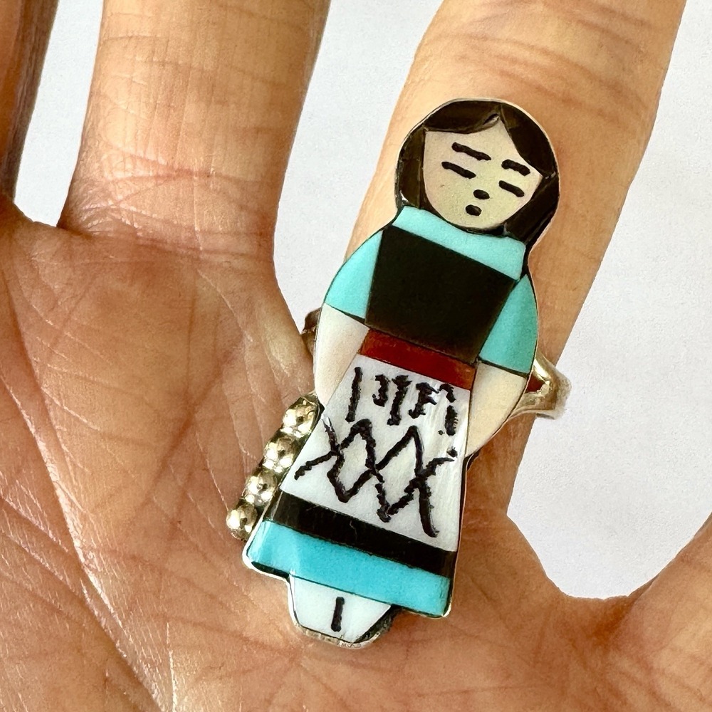 Zuni Inlay Indian Maiden Ring Sz 8 Turquoise Signed Joyce Waseta Woman Dress